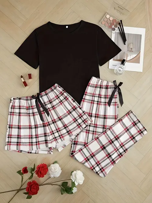 casual womens black top and pants three piece pajama set