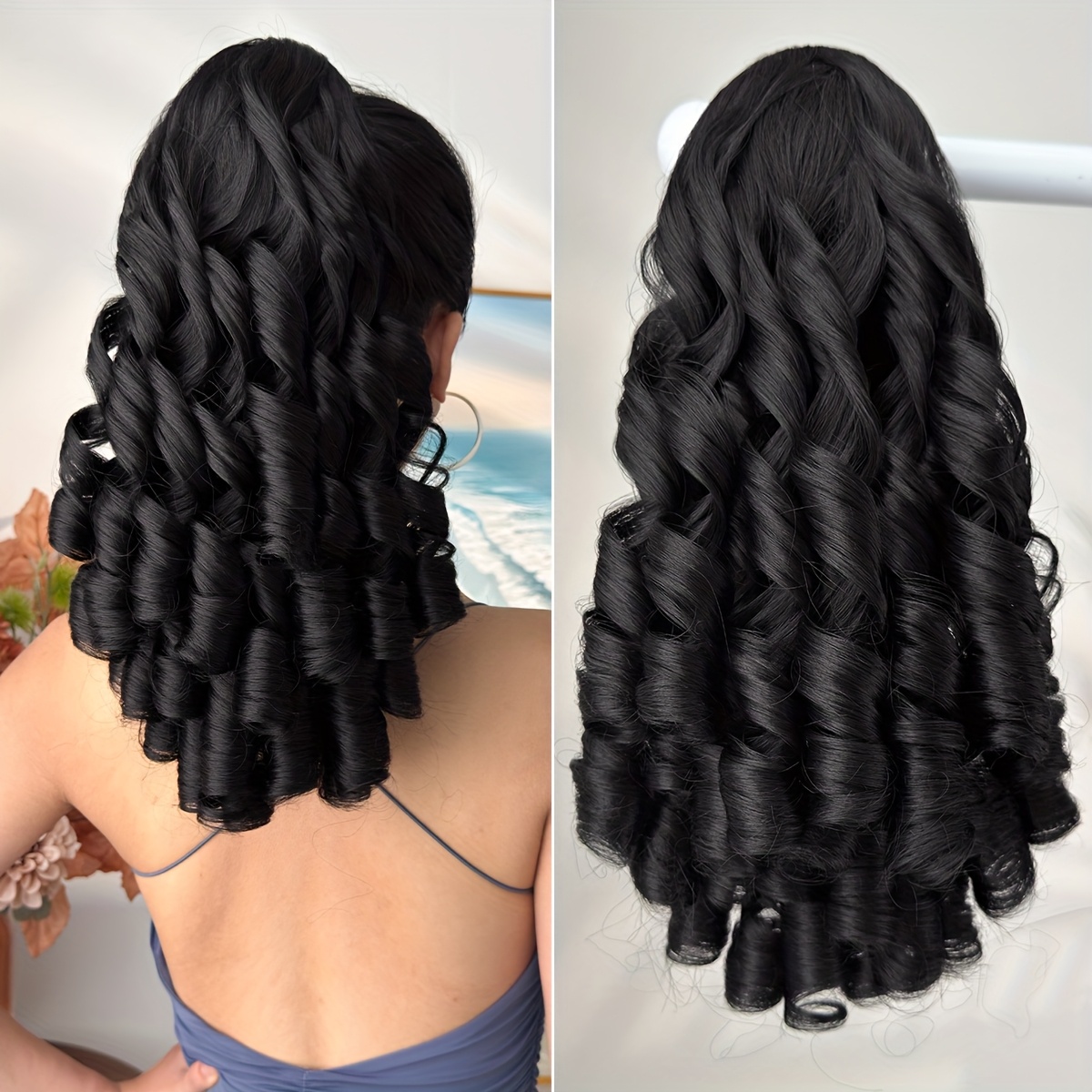 TEMU Extensiones de coleta con cordón y clip en negro, marrón, dorado, , coleta sintética de fibra resistente al profunda de 14 pulgadas, adecuada