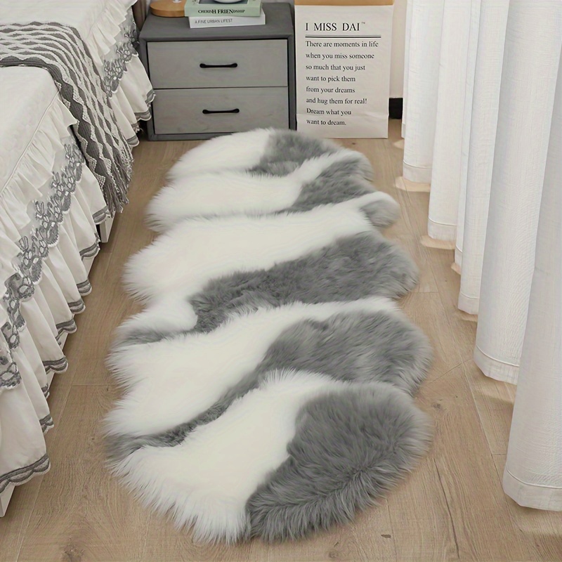 Image of Color-block Dual-tone Rug, Faux Artificial Wool Long Room Bedroom Bedside Rug, Thickened Room Bedroom Floor Mat