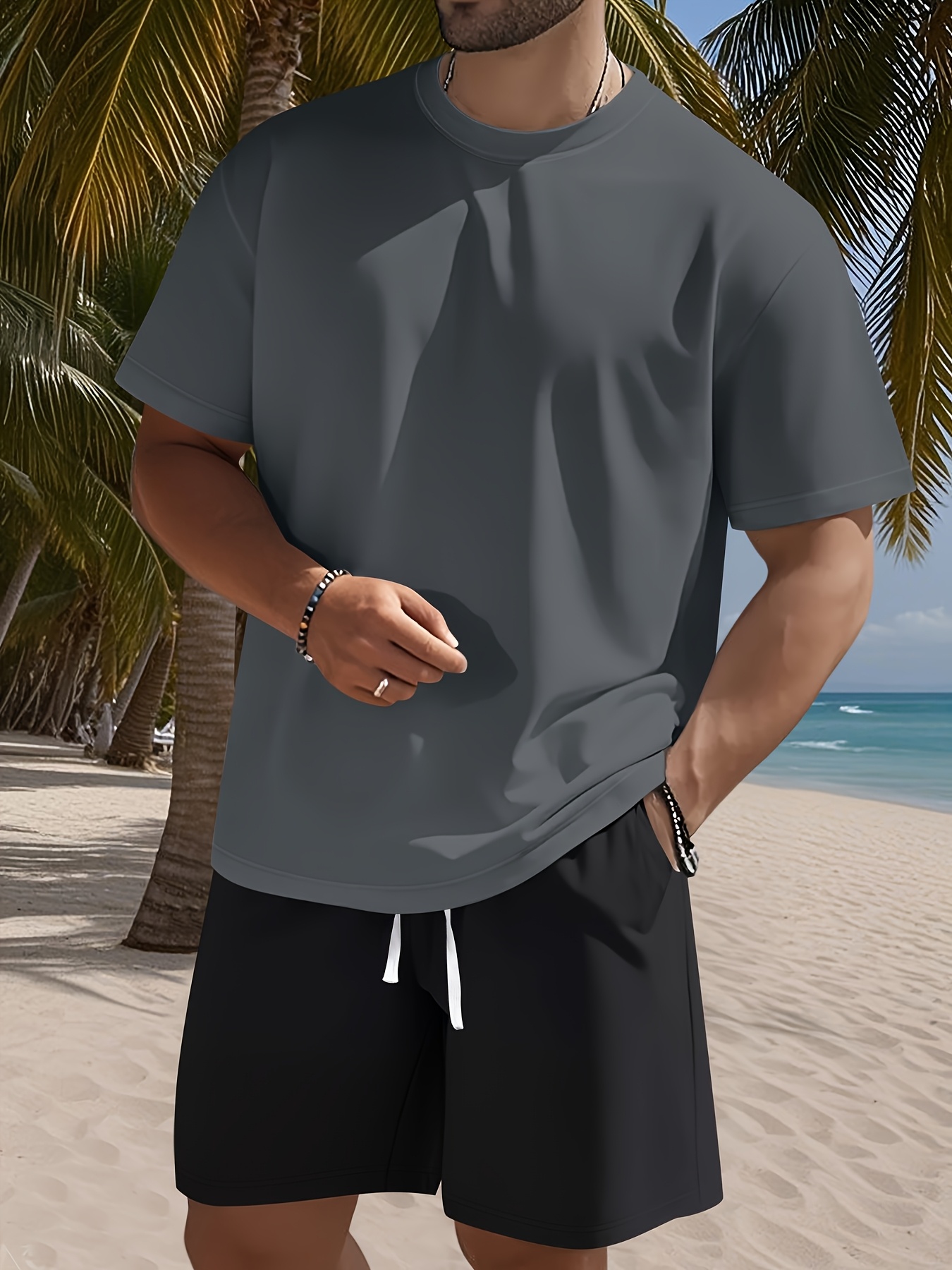 Men's Set, Solid Color Crew Neck Knit T-Shirt with Drawstring Cotton Shorts, Slightly Stretchy Fabric, Comfortable and Breathable, Perfect for Spring/Summer Outdoor Leisure and Sports, Keeps You Light and Carefree