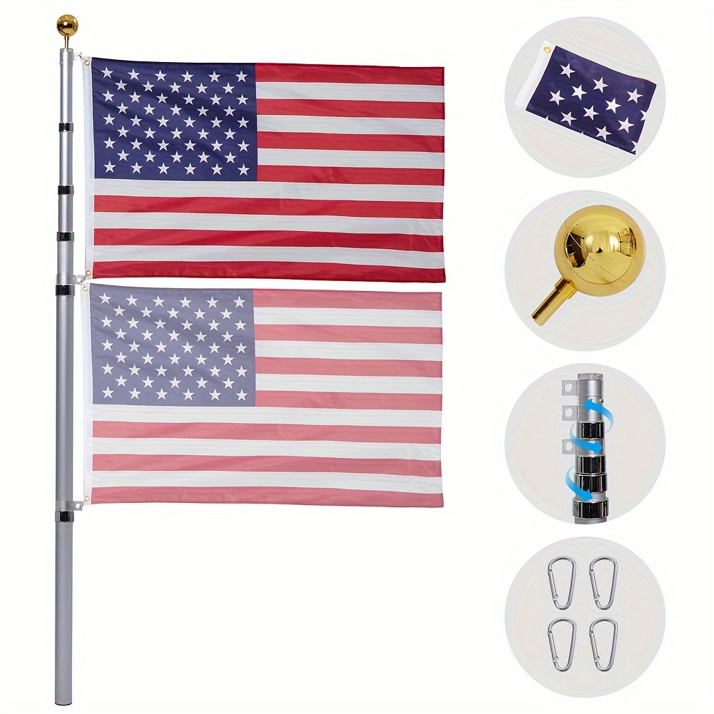 

20ft Telescopic Aluminum Flag Pole With American Flag And Ornament Ball, Heavy Duty U.s. Flag Poles For Yard, Residential Or Commercial, Silver