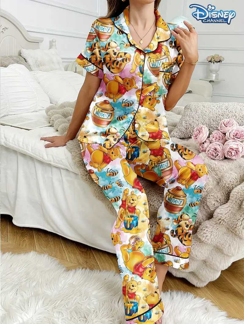series womens casual comfortable pajama set button collar short sleeve top elastic waist pants Product details 2