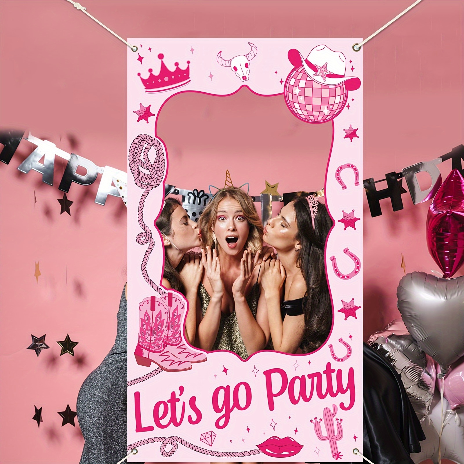 

Festive Pink Denim Silhouette Party Backdrop - "let' Girls" Cowboy Hat & Balloons Design, Polyester, No Power Required, Ideal For Birthdays & Themed Celebrations, Cowboy Party Decorations