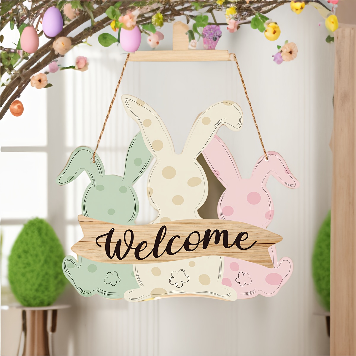 

Bohemian Easter Bunny Welcome Sign - Rustic Wooden Door Hanging Decoration With Polka Dot Patterns, Ideal For , No Battery Required, Easter Home Decor|bohemian Style|rustic Charm