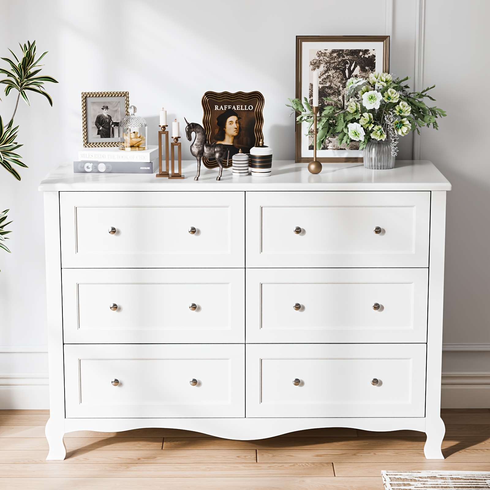 Bonnlo Wood Dresser Chest Of Drawers, Clothes Storage Dressers with Curved Legs And 6 Drawer for Bedroom