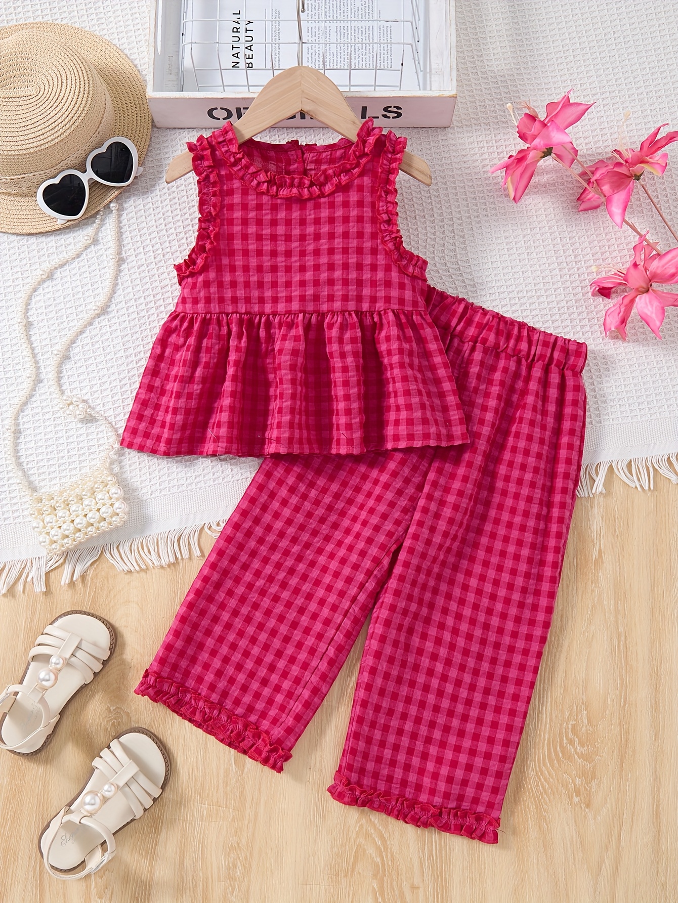 2025 summer girls' red ruffle sleeveless ruffle Temu United