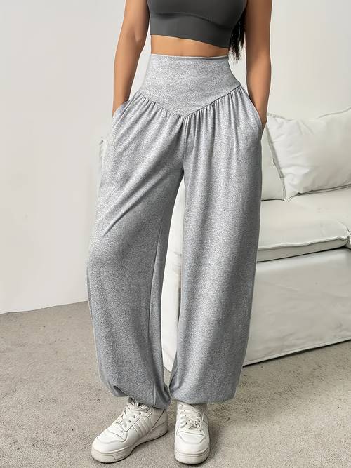 paar damen high-waist bequeme jogginghosen - dehnbare, weiche wide-leg freizeithosen, für laufen und fitness, unifarben, vielseitig für alle jahreszeiten