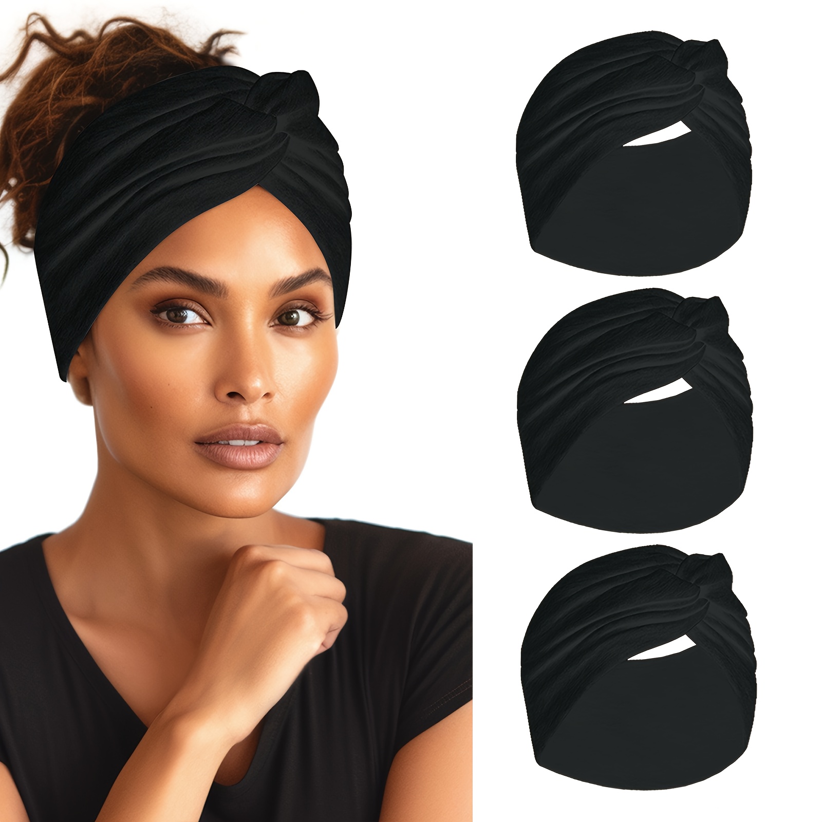

3pcs Black Color Wide-brimmed Headbands Soft Yoga Sports Hair Bands Non-slip Elastic Hairband Sweat-absorbing Wrap Hair Band