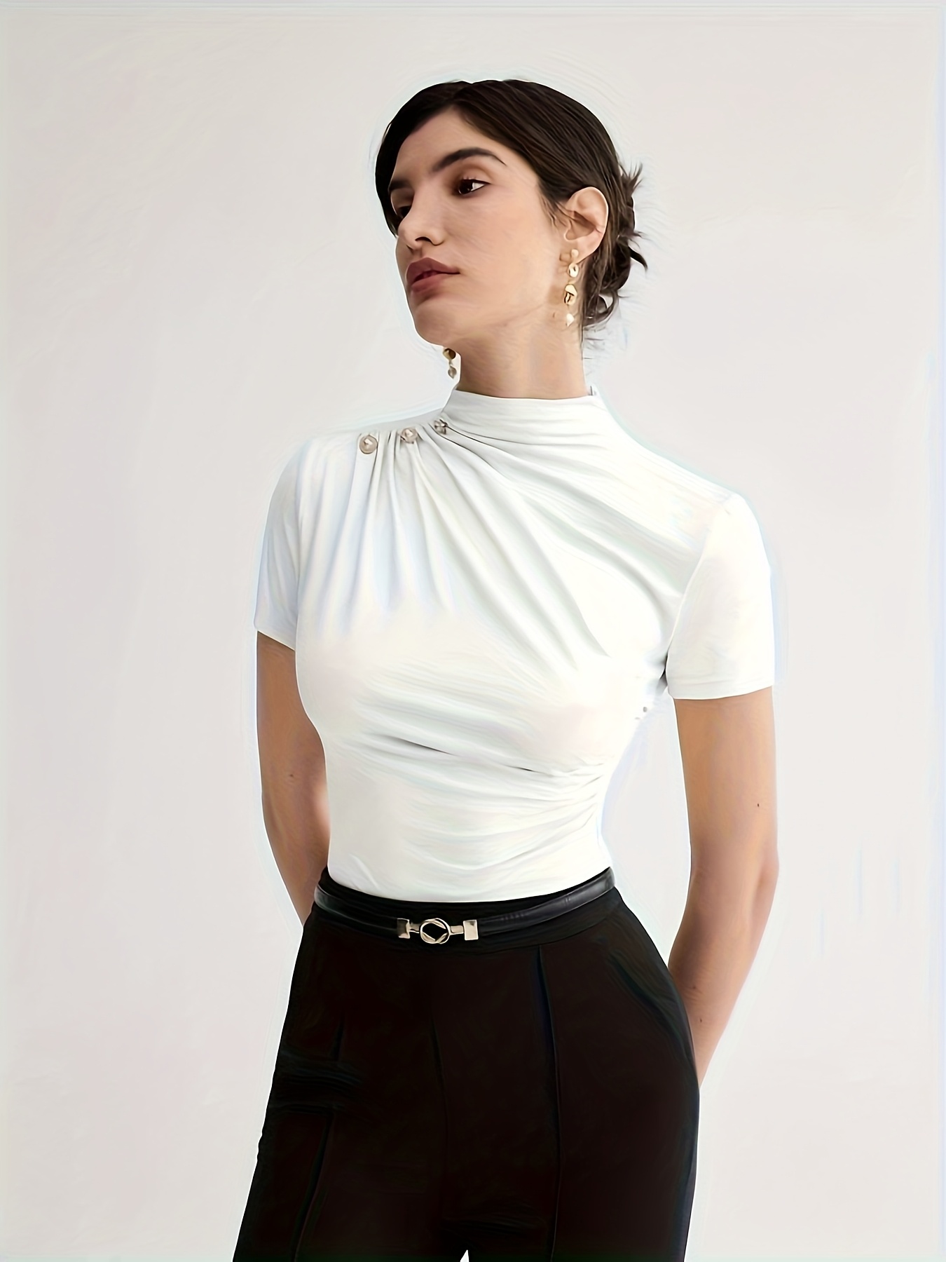 Summer New Arrival Design Sense Versatile Solid Color T-Shirt Short Sleeve Top with Shoulder Button Decor