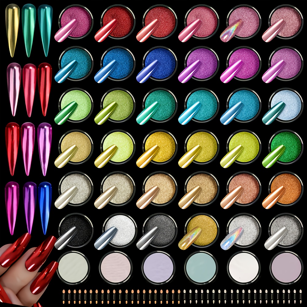 TEMU 42colors/set Magic Nail Art Powder Metallic Effect Holographic Chrome Powder For Nails Nails Polish Chrome Nail Powder Nail Art Decorations