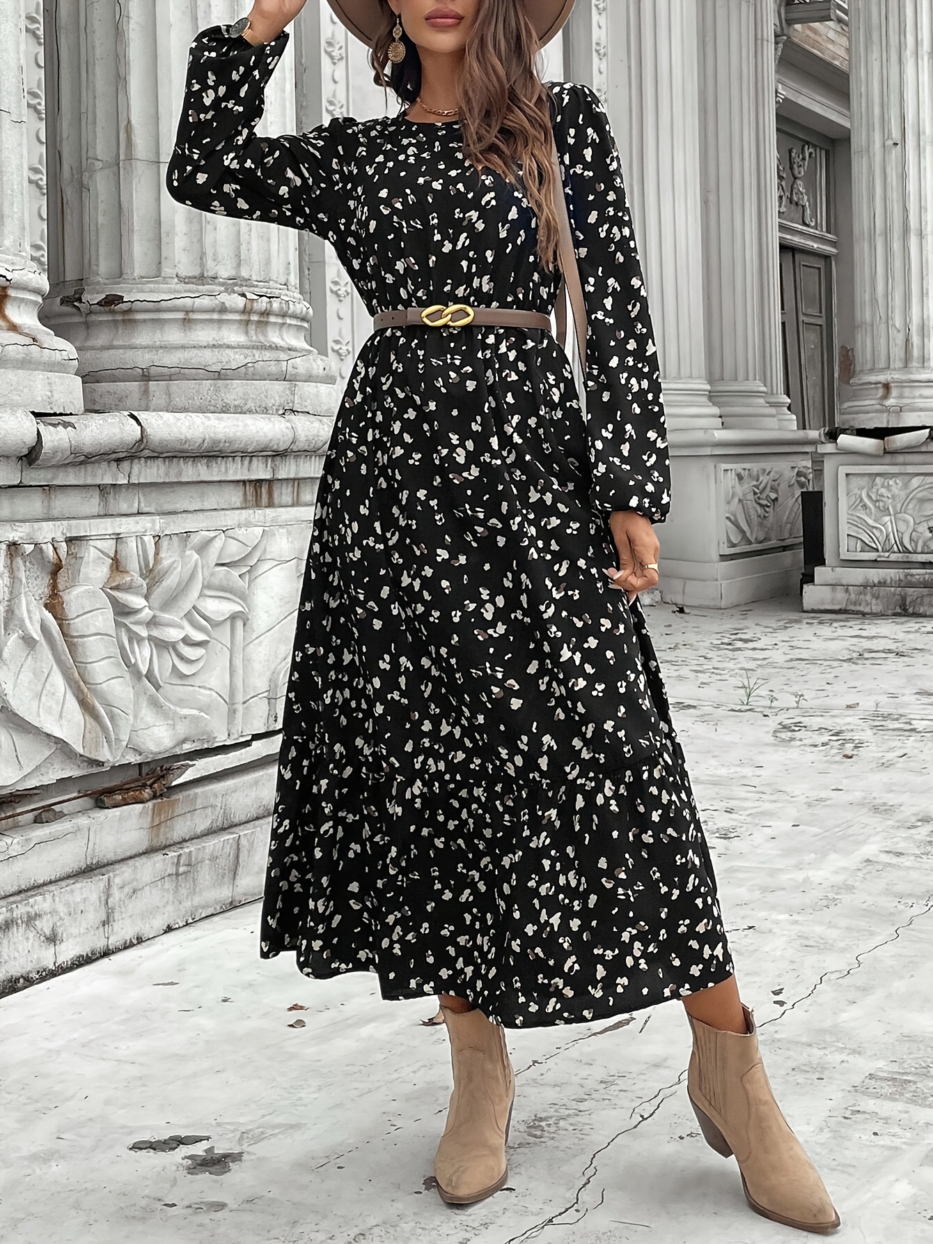 chinese dress ladies Floral V-Neck Long Sleeve Dress