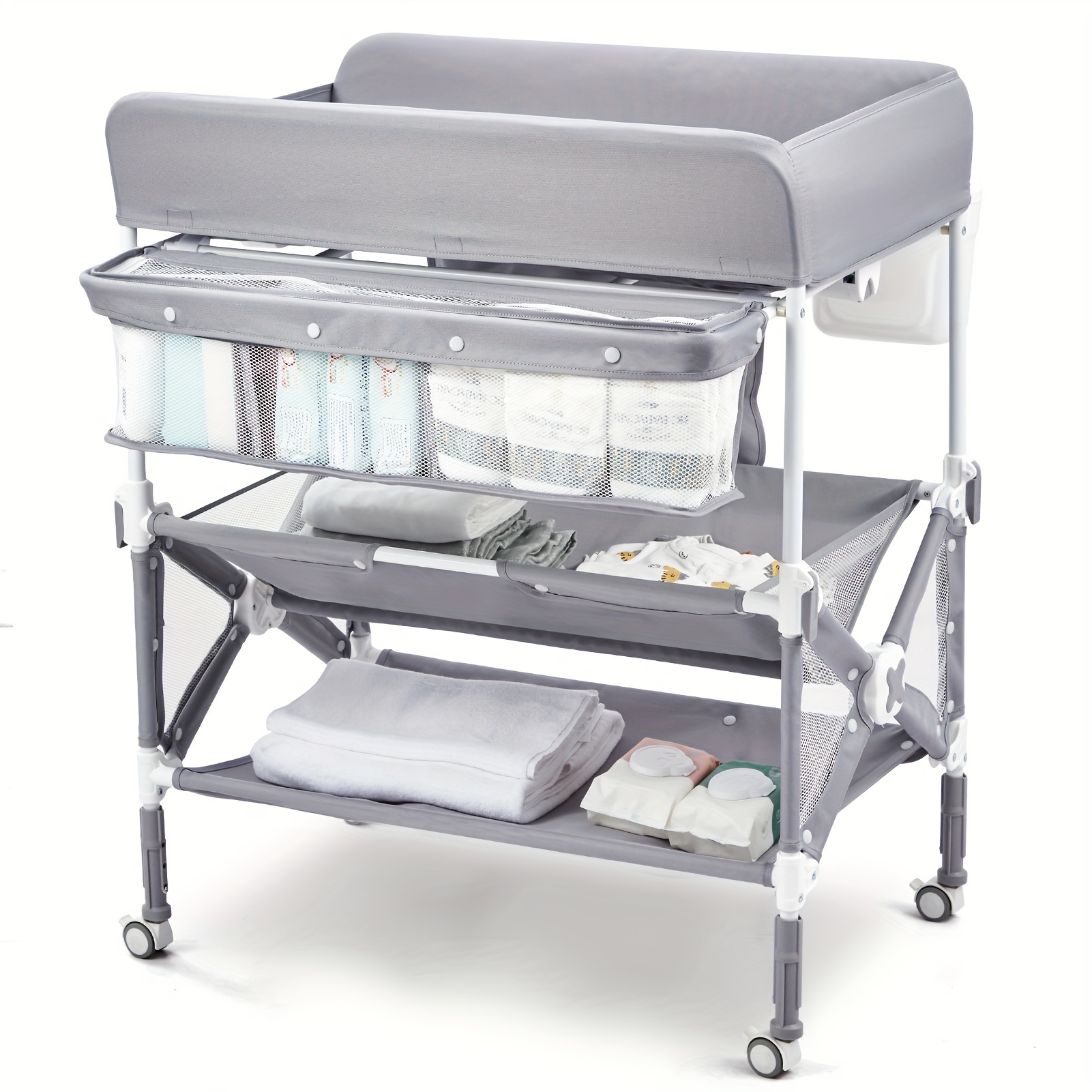 

Portable , Foldable Diaper Change Table With Wheels, Adjustable Height, Cleaning Bucket, Changing Station For Infant Mobile Nursery Organizer For Newborn (grey)