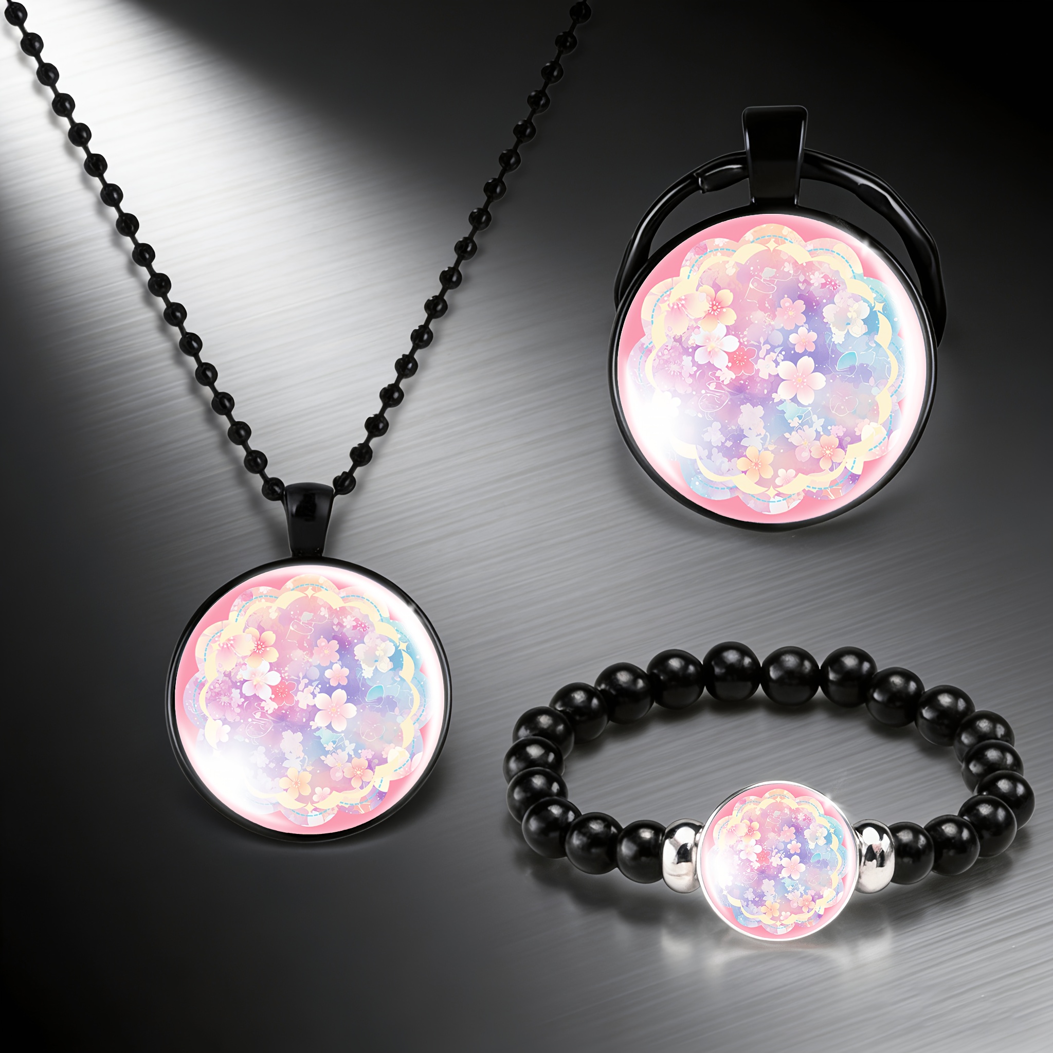 3pcs Set Necklace, Bracelet, Keychain with Round Glass Inlaid Pattern