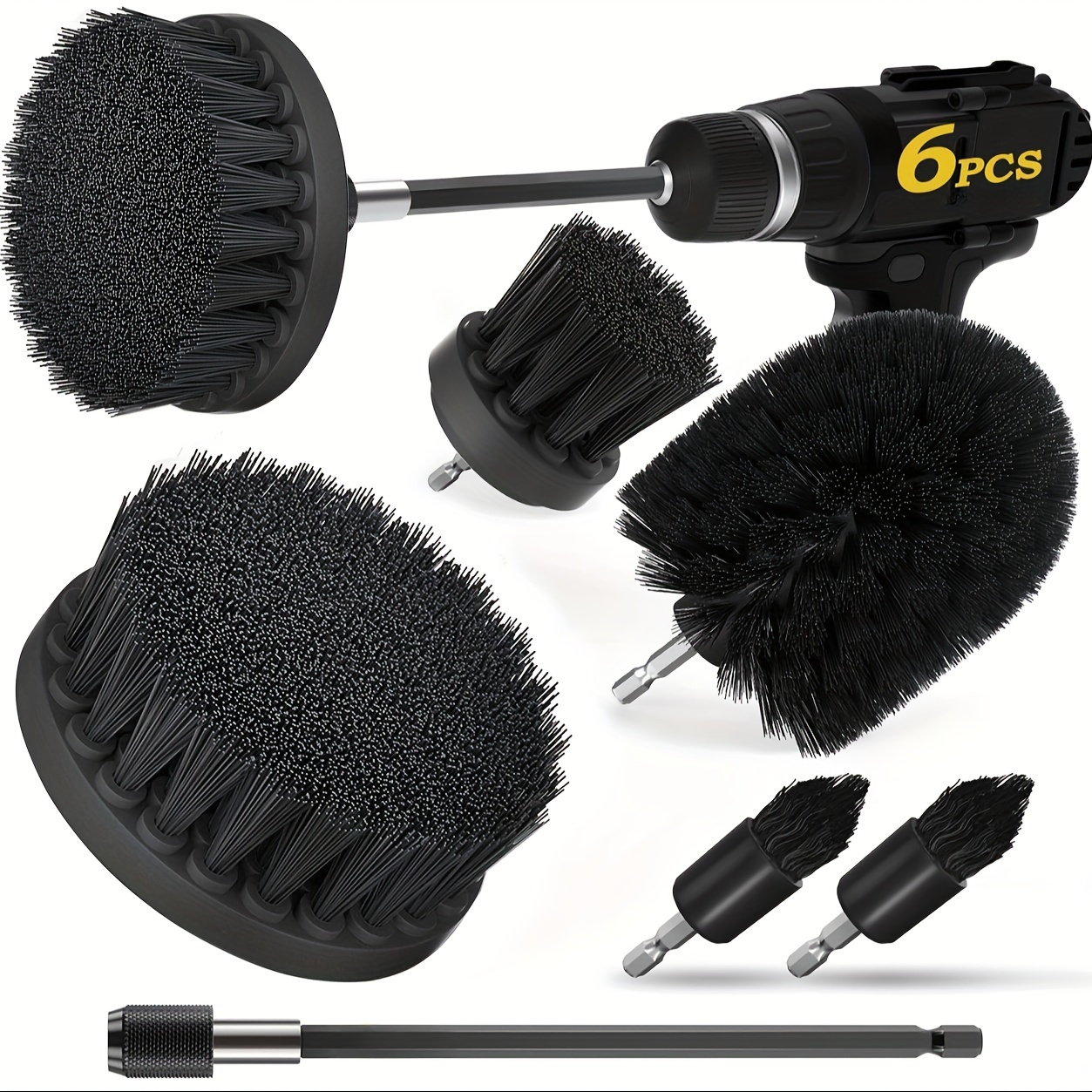 E-shop 6-teiliges Bohrbürsten-Set mit Verlängerungszubehör, Weiche Borsten für Auto, Boot, Sitzflächen, Teppich, Schuhe, Küche & Fenster – Mehrfarbige