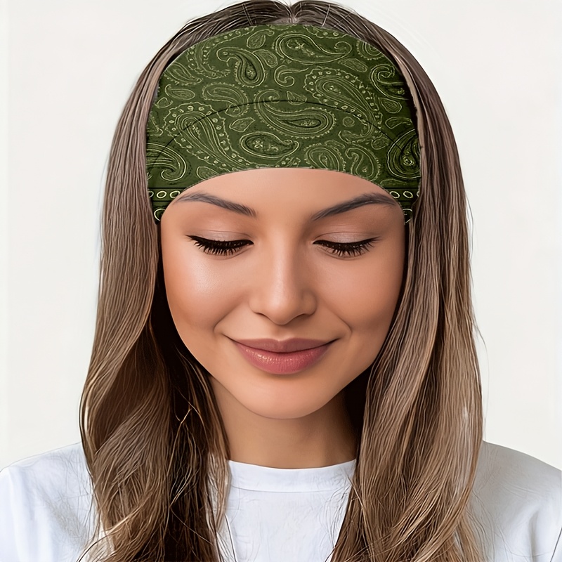 TEMU 2d Flat New Olive Green Paisley Pattern Headband, For Yoga / Gym / Running / Cycling, Travel / / Beach, Non-slip / / Warm And Versatile / Wide