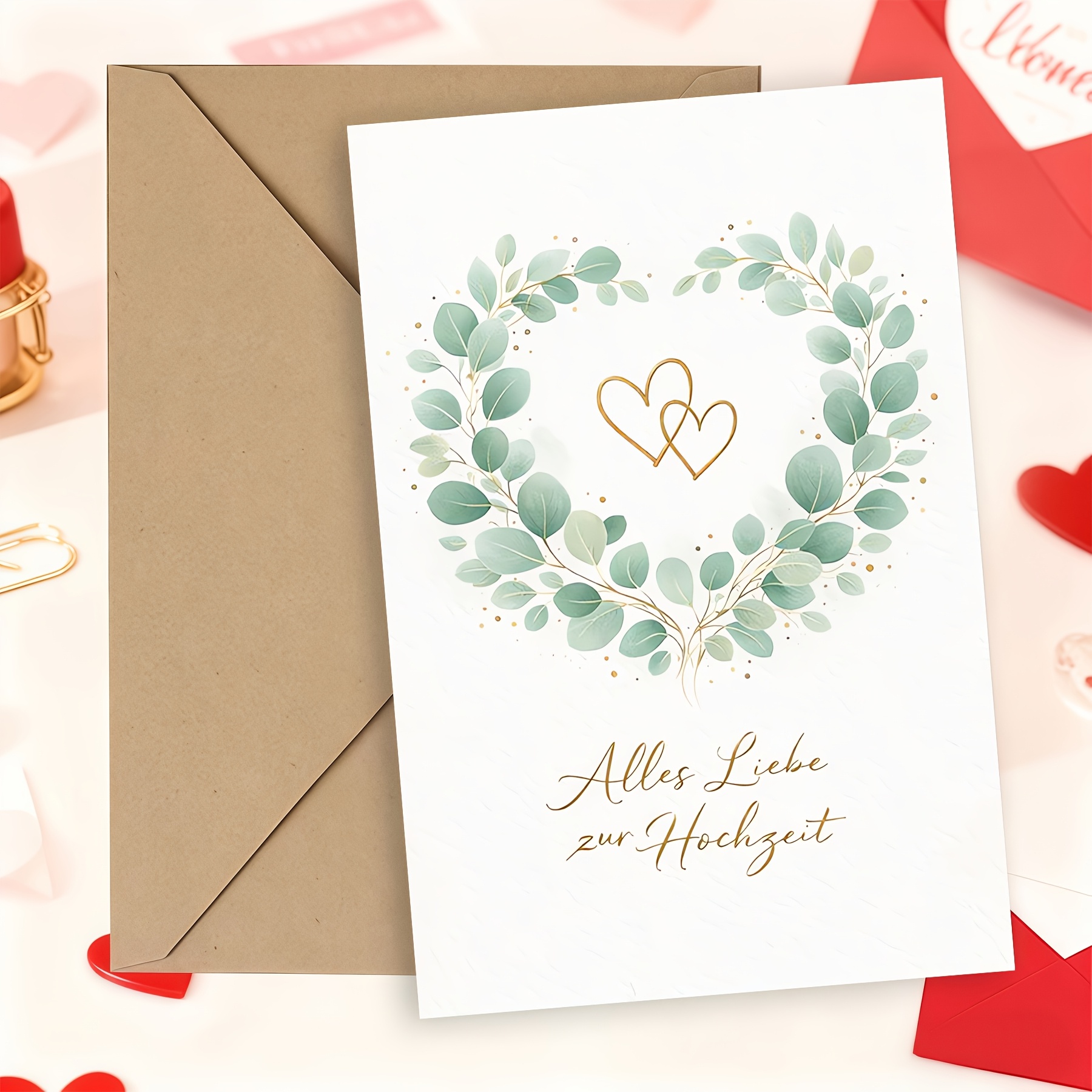 1set Hochzeitskarte Mit Dem Beliebten Spruch " Zur Hochzeit" Und Sanftem Grnen Eukalyptus-design