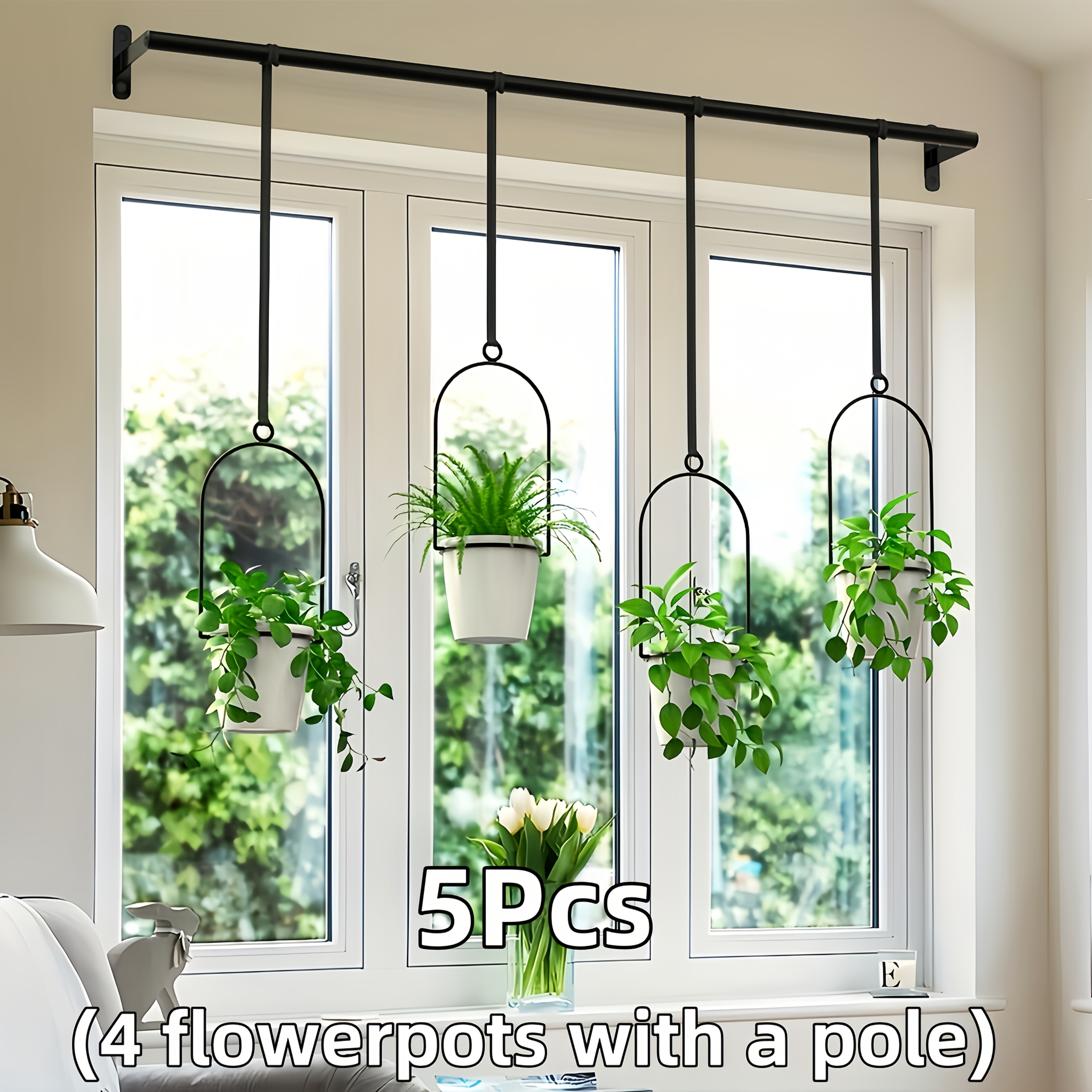 TEMU 5pcs 4Metal Jardinières Suspendues Réglables avec Pots en Plastique Blanc, Kit de Jardinage Suspendu pour Fenêtre avec Crochets de Balustrade &
