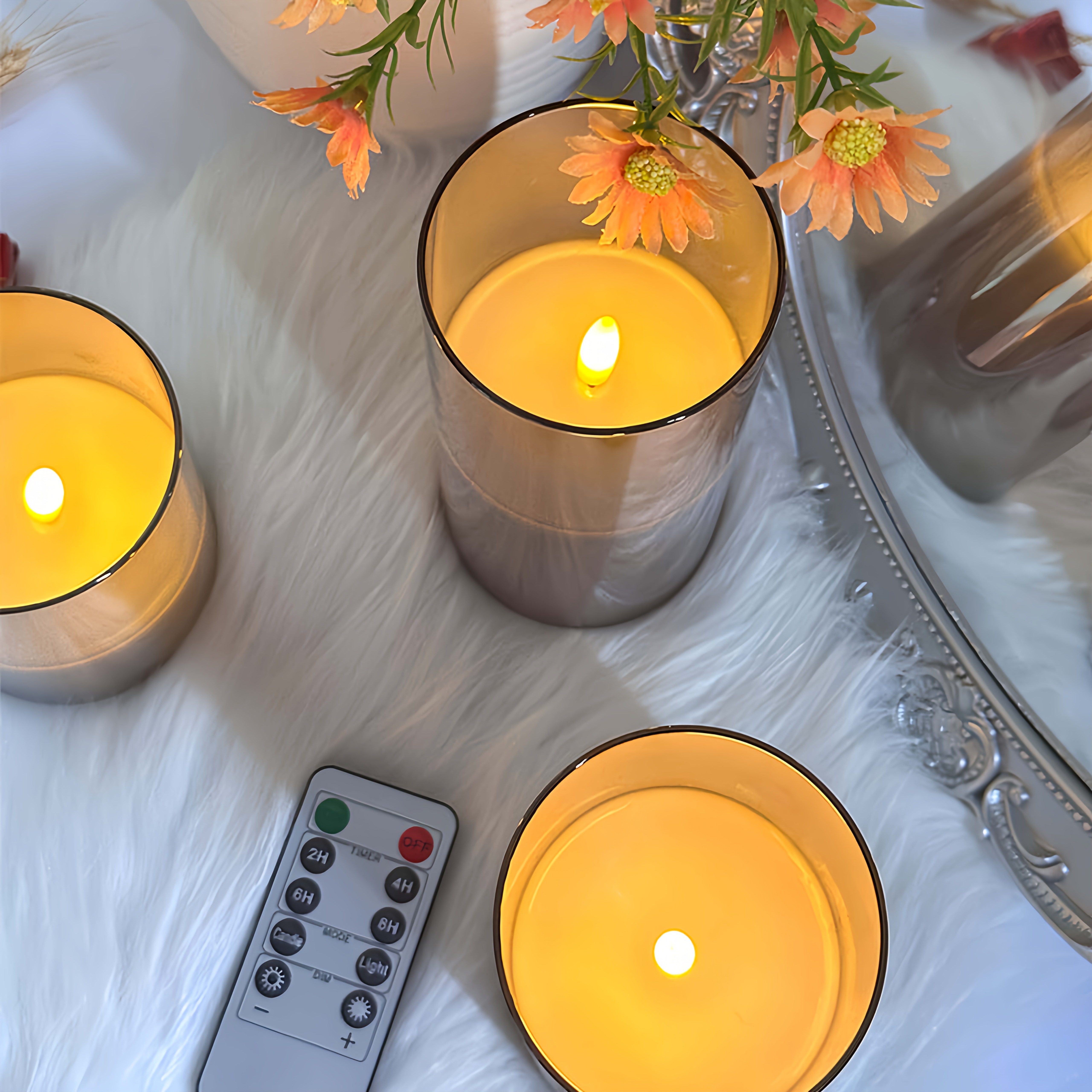 3 stuks Grijze Vlamloze LED Kaarsen met Afstandsbediening | Batterijgevoede Flikkerende 3D Lontjes