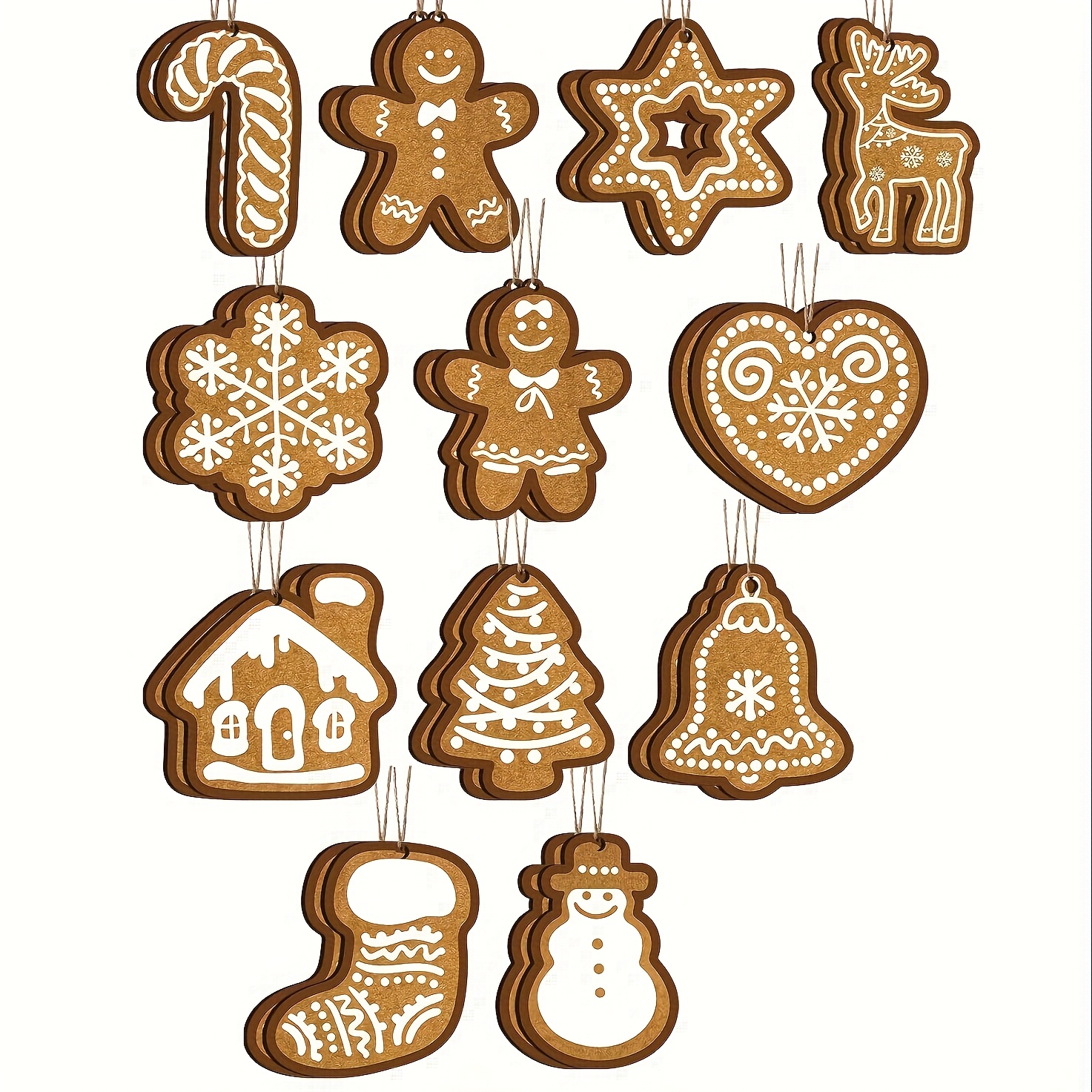 TEMU 12pcs/set Wooden Gingerbread Man Christmas Tree Snowflake Ornaments, Enhancing Charm For Christmas Tree And Home Decor, Holiday Party Supplies