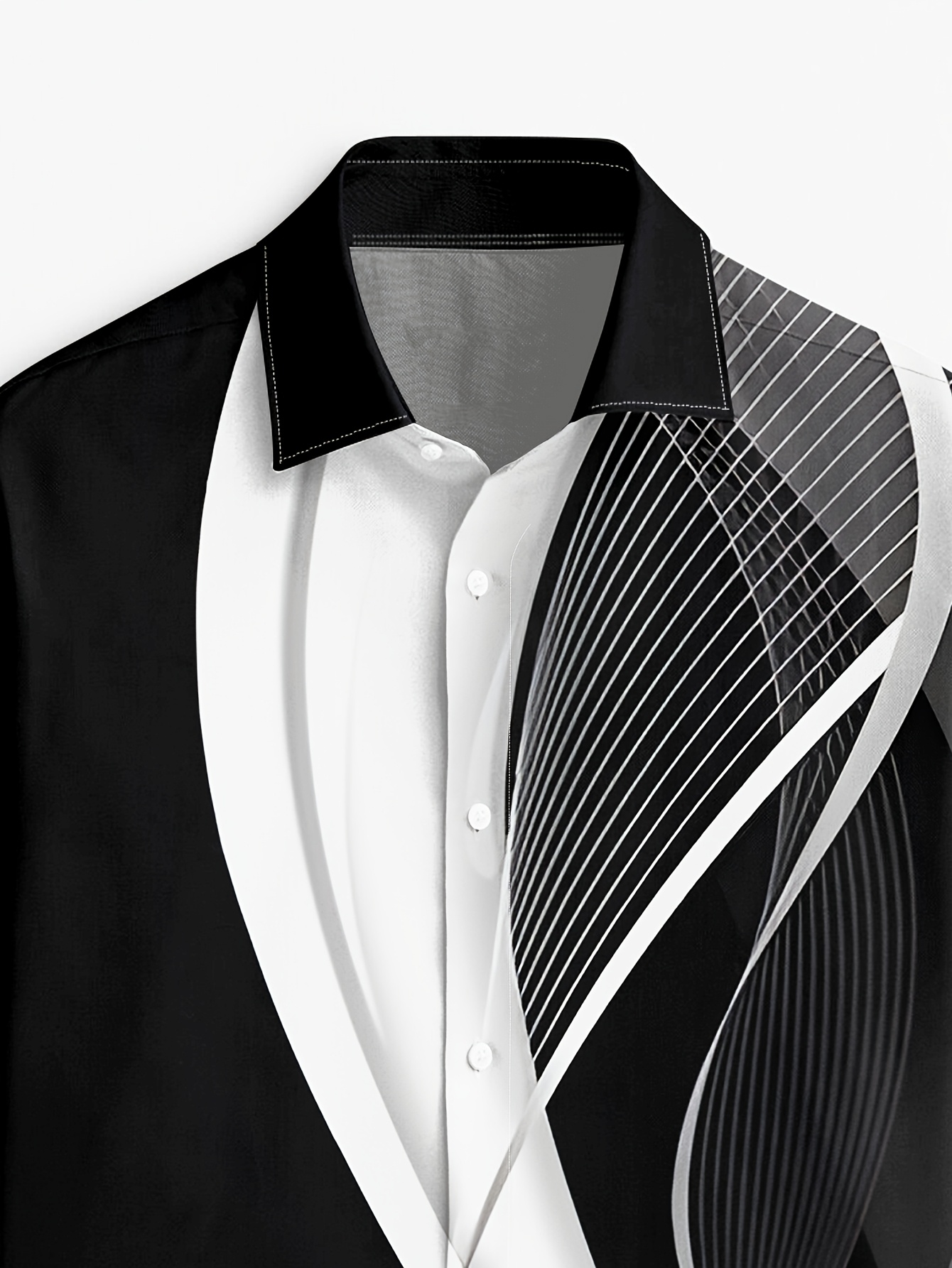 Men's Stylish Black and White Print Button-Up Shirt - Breathable Polyester, Long Sleeve with Lapel Collar, Casual Wear for Spring/Fall, Breathable Clothing | Modern Print Shirt | Polyester Fabric