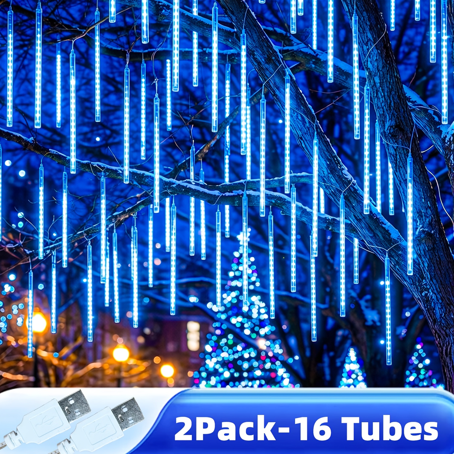TEMU 2-pack Total 384led/16 Tubes Light Strip, Meteor Shower Icicle String Lights, Usb Plug-in Christmas Decoration Fairy Rain Lights, Suitable For