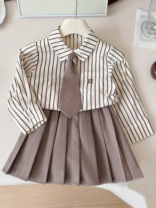 new autumn girls college style outfit featuring a trendy striped shirt and pleated skirt set for toddlers model yf67309 for outdoor