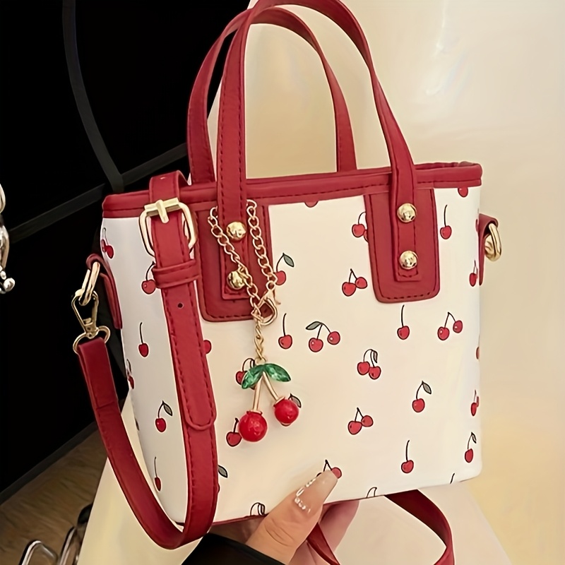 Image of Solid Color Pu Fabric, Cute And Print Design Handbag, Cherry Print Design Bucket Bag, Messenger Bag With Pendant Decoration Design Suitable For Shopping, Commuting To Work, Party Gathering