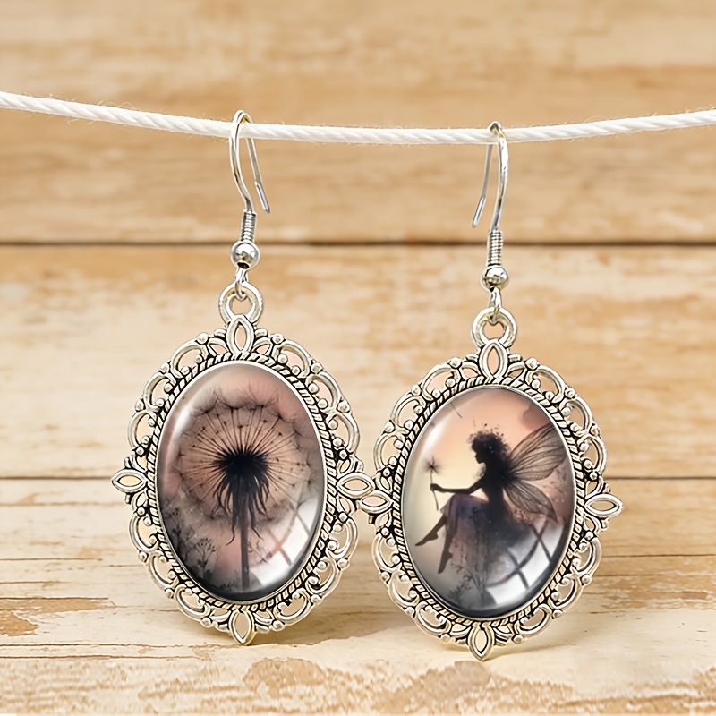 TEMU A Pair Of Asymmetrical Silvery Time Gemstone Glass Earrings Featuring A Vintage Court-style Dandelion Fairy
