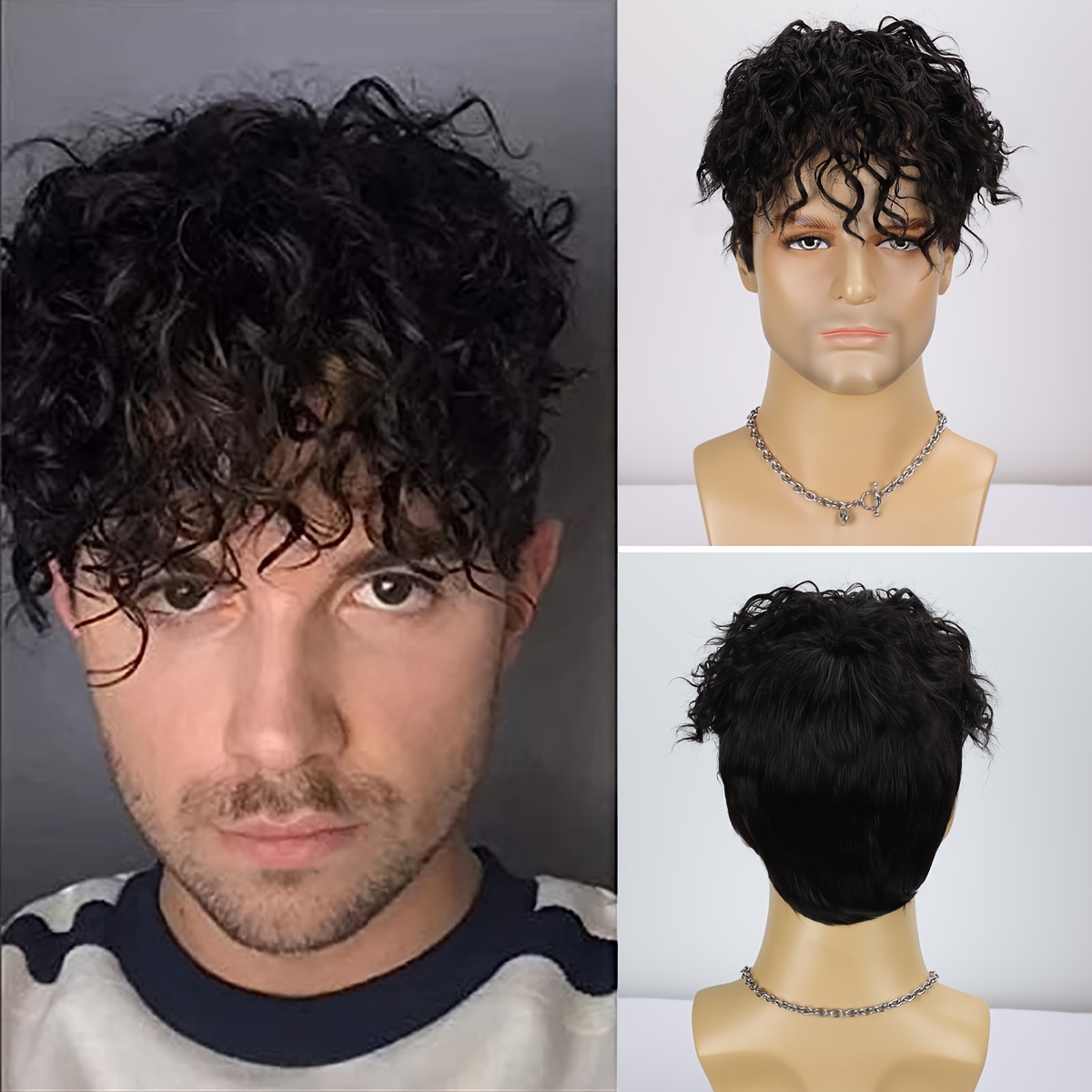 

Men's Short Black Curly Layered Synthetic Wig - Fiber, Natural Looking, Adjustable Mesh Cap, Heat Resistant, 150% Density