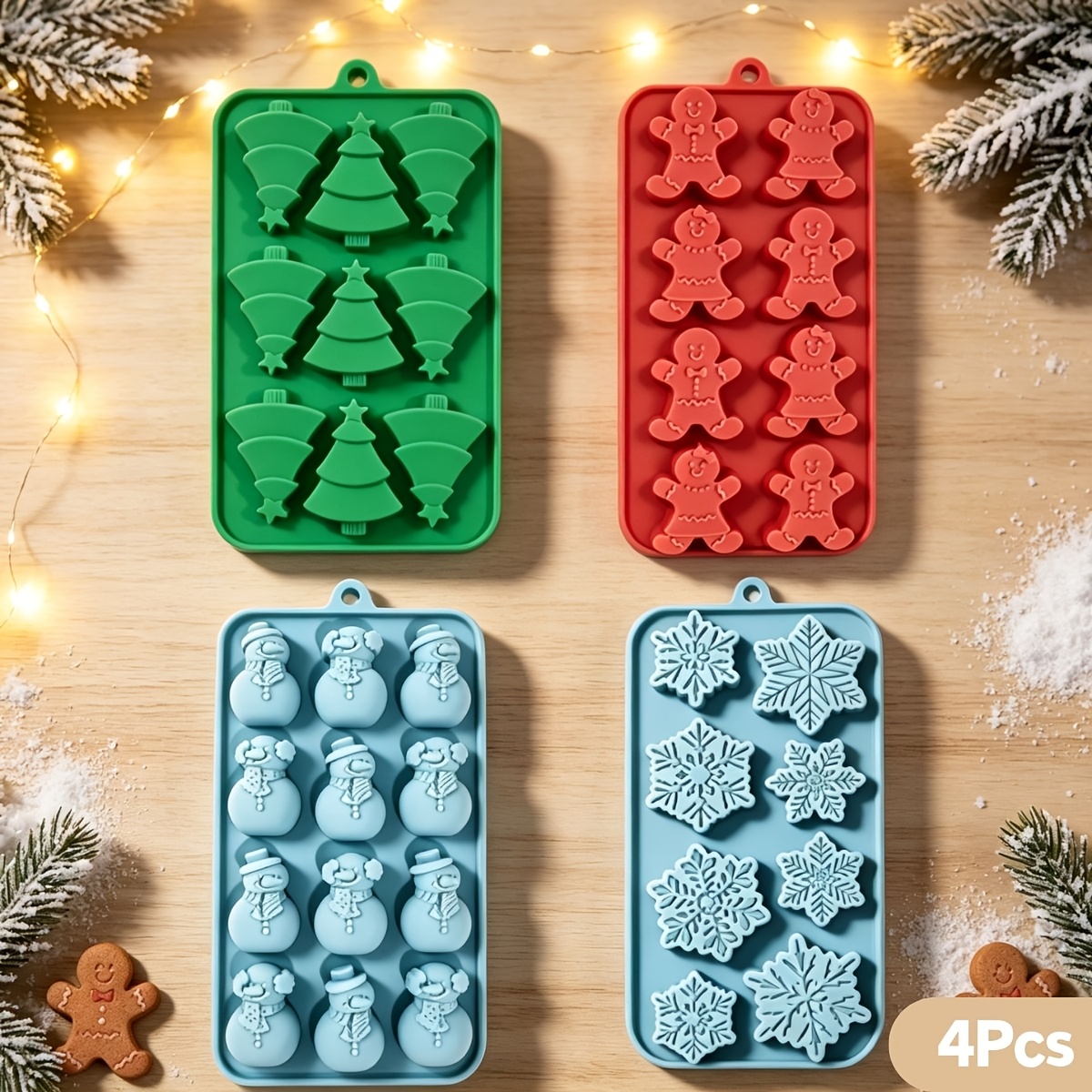 TEMU 4 moules en silicone pour chocolat de Noël, 4 pièces, Père Noël, sapin de Noël, de neige, homme d'épices, pour gelées, bonbons, glaçons, boules