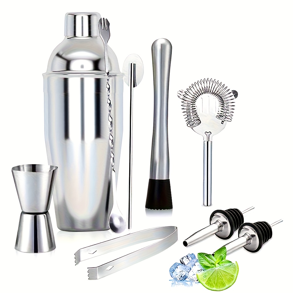 juego de 6 piezas de licuadora de cocteles profesional de acero inoxidable con soporte - kit completo de bartender que   tazas de medición, cuchara de mezclador, vertedores y más para bares y restaurantes en casa, estante de almacenamiento desmontable,   de hielo, mezclador de bebidas, esenciales de fiesta, juego de herramientas portátiles para bares