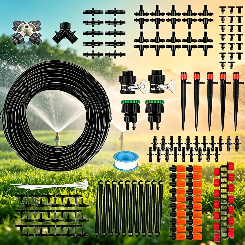 Image of Garden Irrigation Kit, 131ft 1/4' Drip Irrigation Kit Garden Irrigation System With Adjustable Nozzle Dripper Automatic Irrigation Equipment Set For Garden, Greenhouse, Patio, Lawn