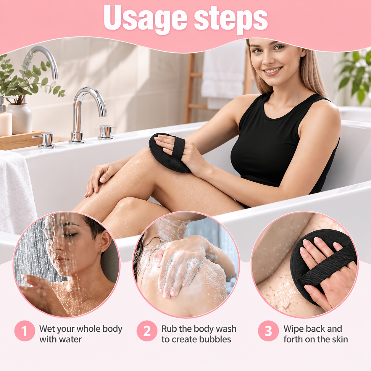 3pcs Black Loofah Bath Scrubber Set with Hook