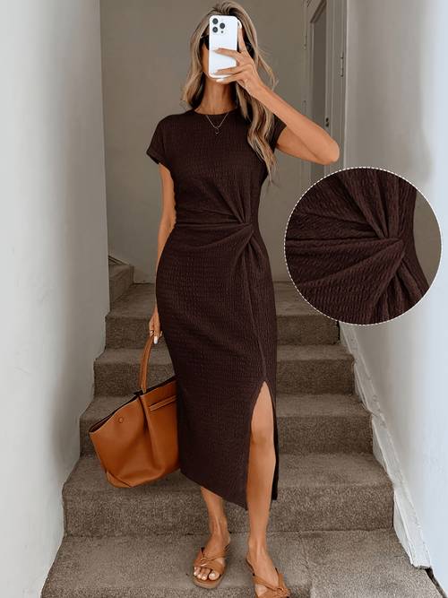 trade vintage short sleeve waist cinching slit midi elegant womens dress