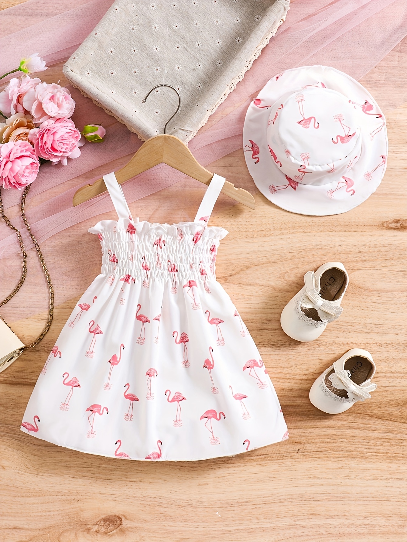 Ensemble Deux Pièces pour Filles 0-3 Ans : Robe Halter à Imprimé Flamant et Chapeau, Tenue Princesse Mignonne d'Été