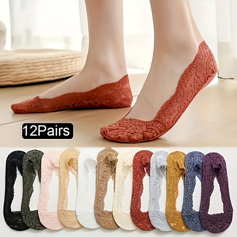 

12 Pairs Lace Floral No Show Socks, Invisible Semi-sheer No-slip Boat Socks, Women's Stockings & Hosiery