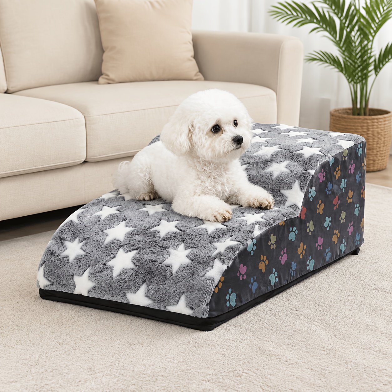TEMU Pet Stairs For Small Suitable For Bed, Sofa, Car - Soft Plush Ramp With Removable Washable Cover, Non-slip Bottom & Cushioned Steps For Puppies,