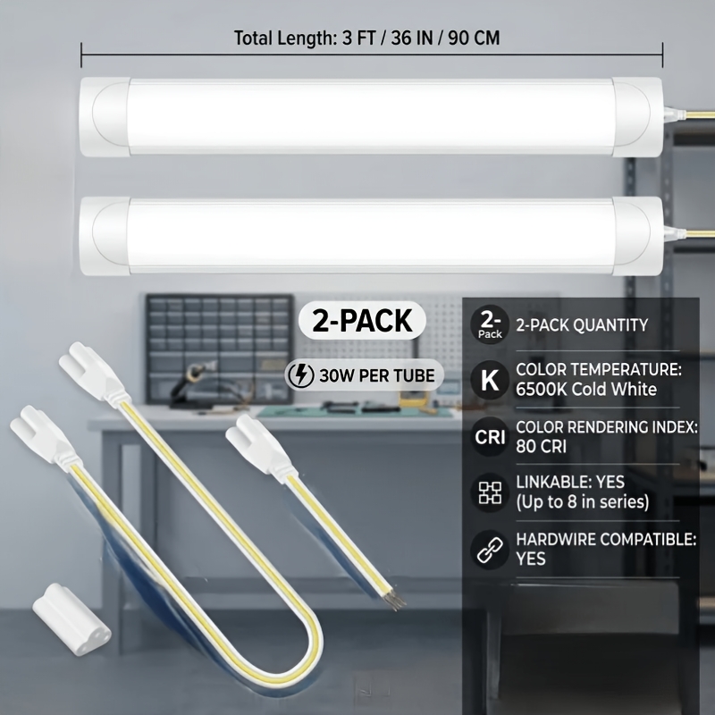 2pcs 30w Led Shop Light 90cm, 6500k Cold White Garage Light, 4800lm Ceiling Batten Light For Workshop Kitchen Bathroom Office, Tube Light