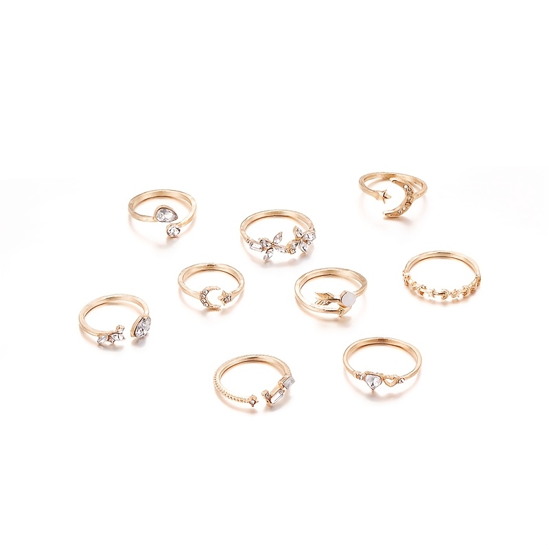 TEMU Parure de bagues et tendance pour femme avec et lune, cœur et feuille, synthétique micro- - Lot de 9 bagues d' vintage empilables à extrémité