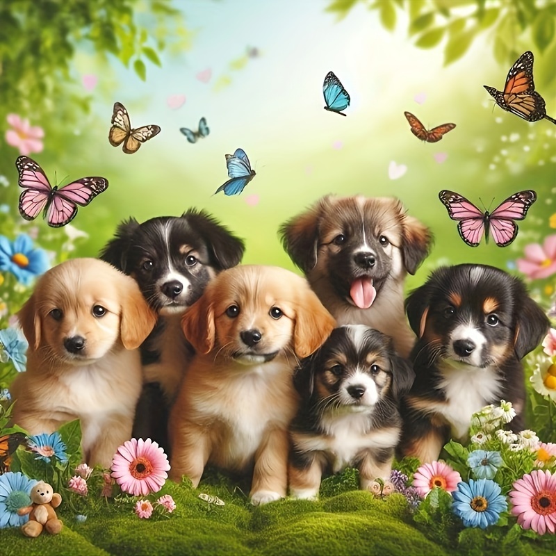 

Diamond Painting Kit 1pc - Puppy & Butterfly Garden Scene, Round Full Drill Diy Embroidery Cross Stitch, Animal Themed Canvas Art Craft For Wall Decor, 30x30cm