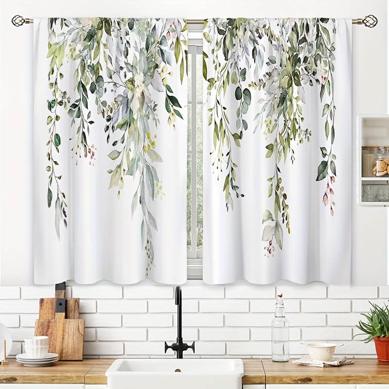 TEMU 2 pièces Rideaux Imprimés Feuilles Vert Sauge pour Cuisine, Rideaux Courts à Poche pour Tringle, Décoration pour Salle de Bain, Salon, Bureau,