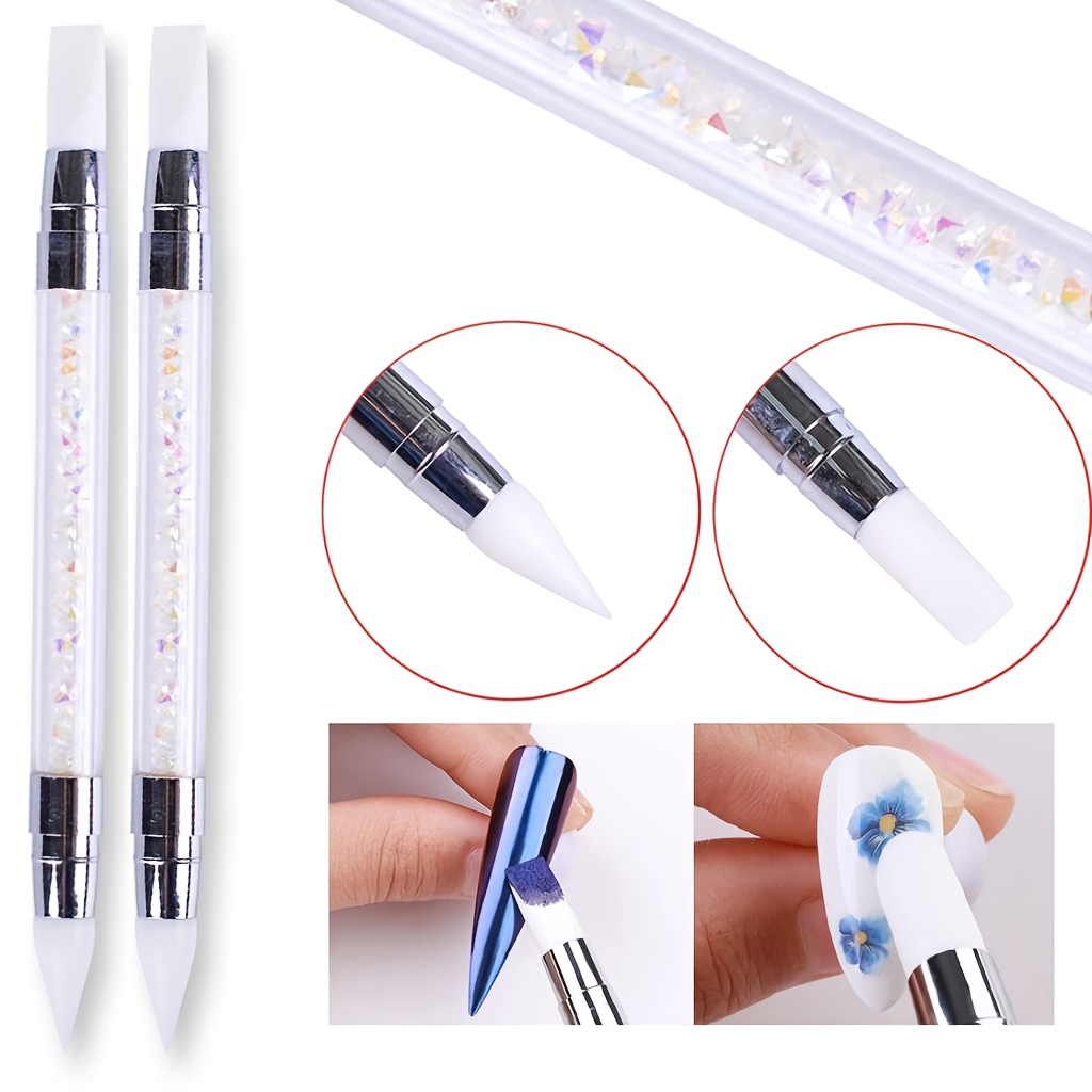 TEMU 2pcs Double-ended Brush Pens For Embossing, Engraving, And Applying Glitter/rhinestones | Pointed Tip | Flat Tip | Nail Picker | Exquisitely And