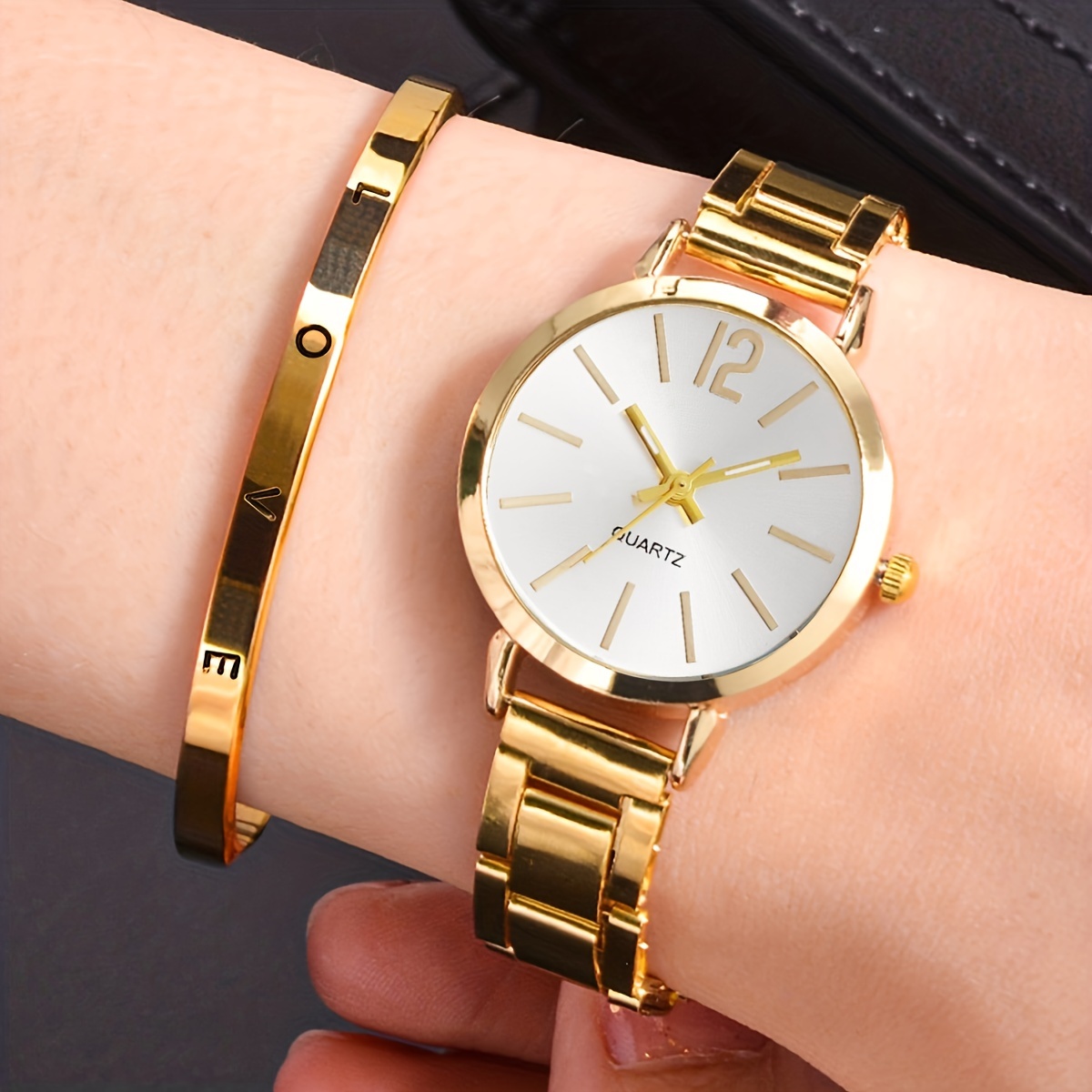 

2 Pcs Golden Quartz Watches Zinc Alloy Strap Zinc Alloy Pointer Zinc Alloy Dial And Bracelet Jewelry For Women Gifts For Eid