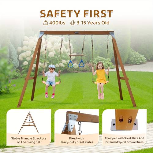 outdoor swing sets designed for children featuring a sturdy wooden a frame 2 belt swings and a trapeze bar a durable playset ideal for outdoor play and exercise suitable for backyards and