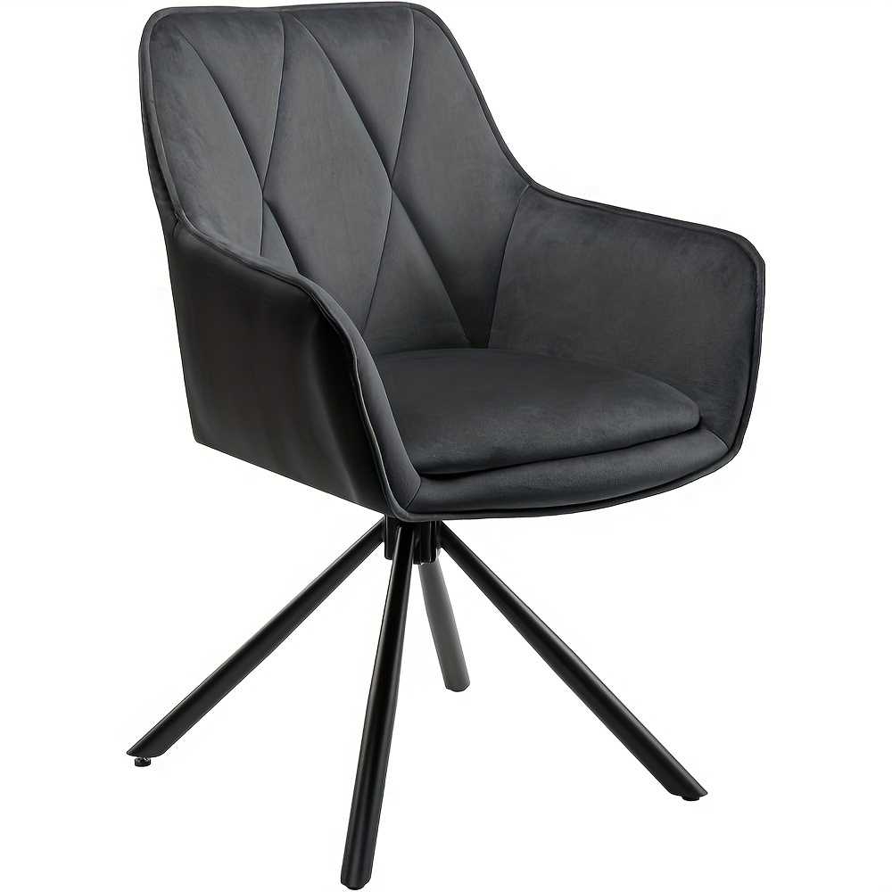 Elegant Black Swivel Dining Chair With Armrests And Backrest, Padded Velvet Seat, Leather Upholstery, Adjustable Metal Legs For Kitchen And Dining Room