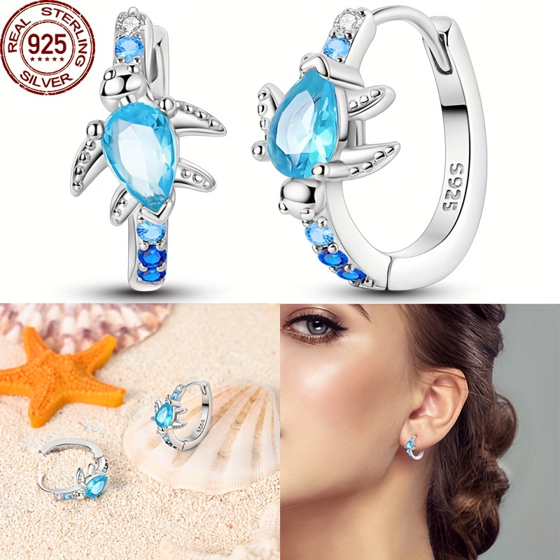 

Elegant Silver Turtle Hoop Earrings With Synthetic Blue Zirconia Stones, 925 Sterling Silver, August Birthstone, Simple Daily & Gift Occasion Jewelry For Women, 3g Pair, No Power Needed