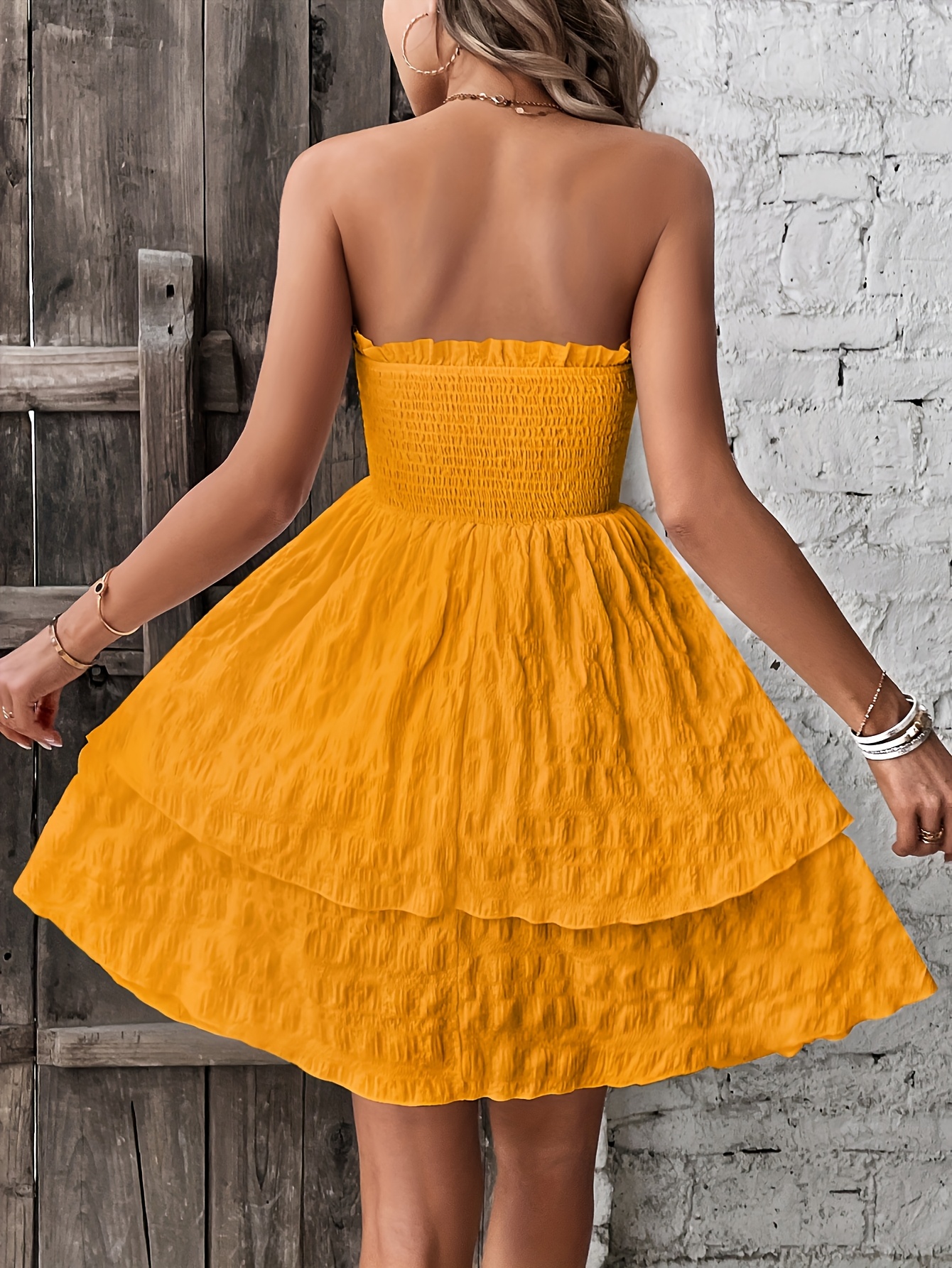 elegant shoulder ruffle hem dress women solid mustard yellow