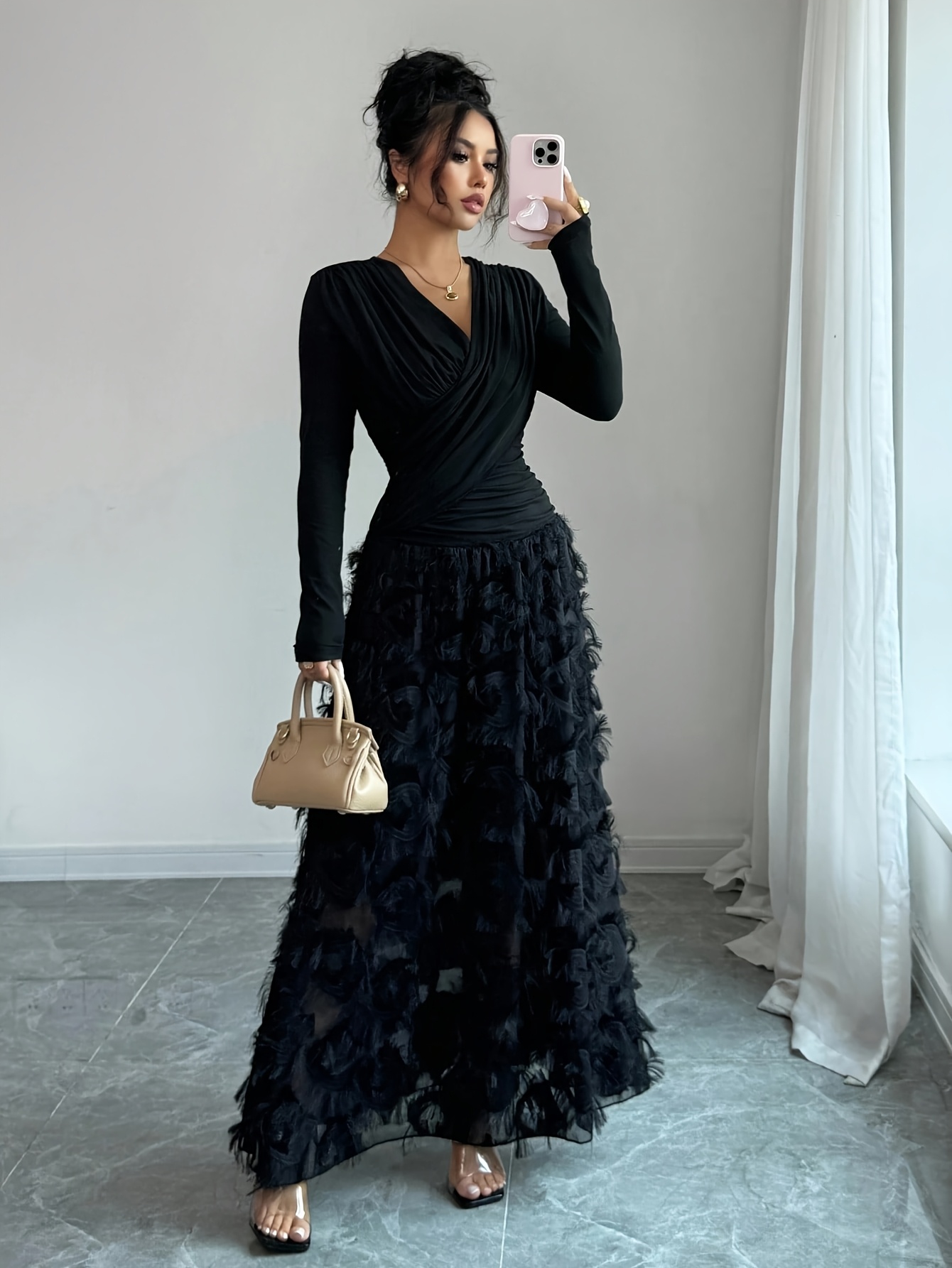 tassel long winter dress Tassel Hem Belted Pleated Dress