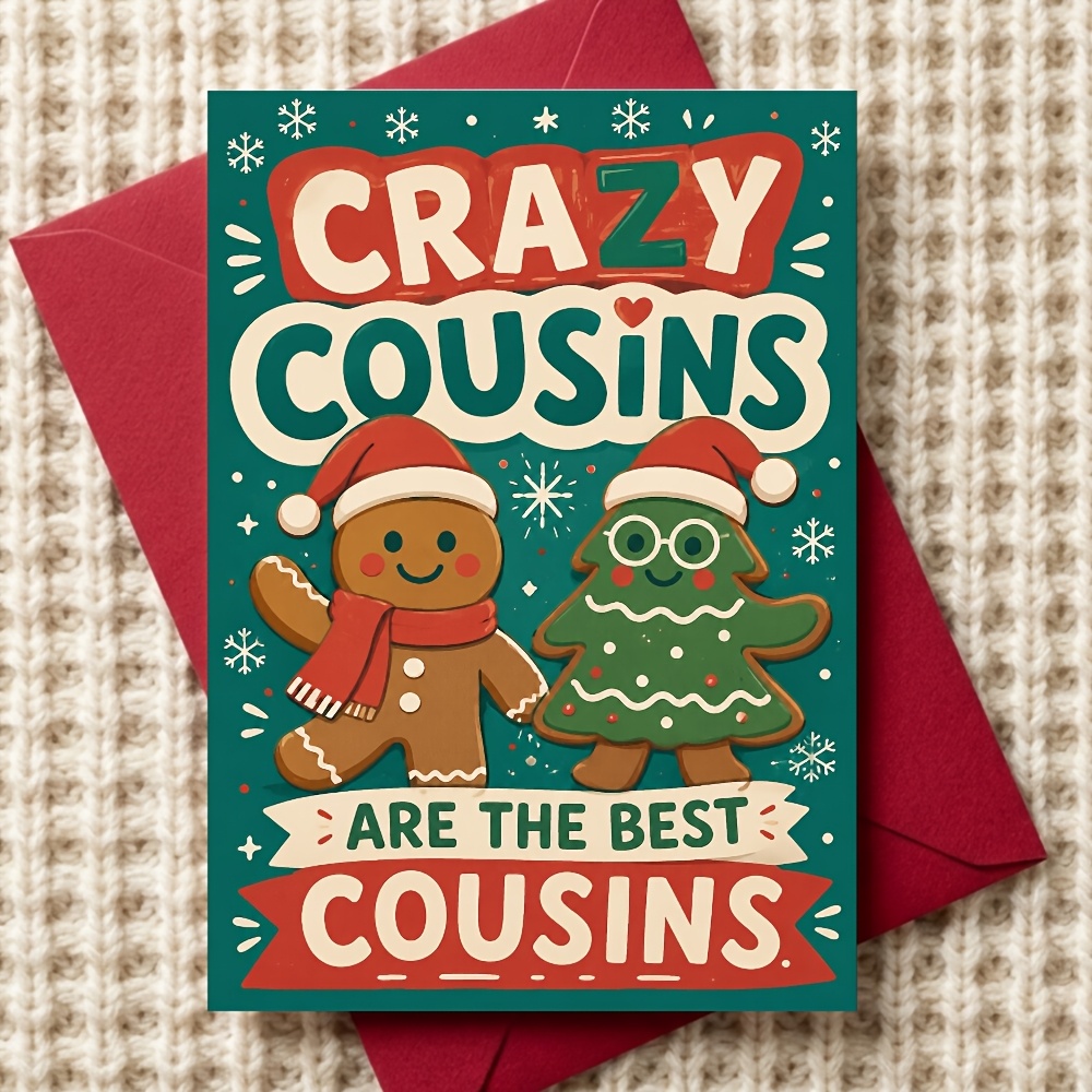 TEMU 1 Greeting Card + 1 Envelope. 2d Flat Christmas Cousin Card Featuring Gingerbread For Man And Christmas Tree Cookie-shaped Character Designs.
