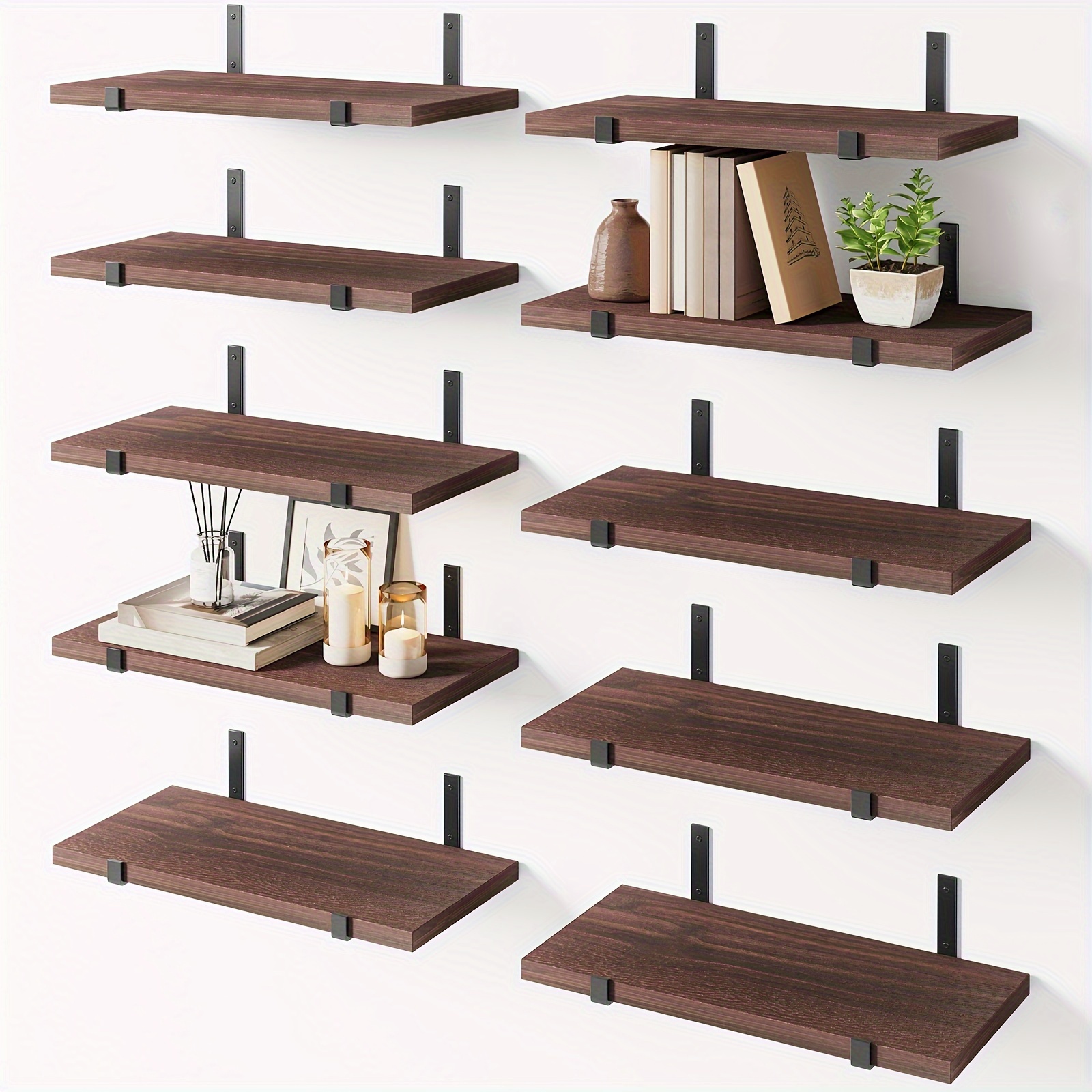 

10 Pcs Floating Shelves, Rustic Wood Wall Decor, Farmhouse Wall Mounted Shelves For Bedroom, Living Room, Kitchen And Bathroom, Place Small Plants, Trophies, Collectibles, Books, Photos, 15.7*5.9 In